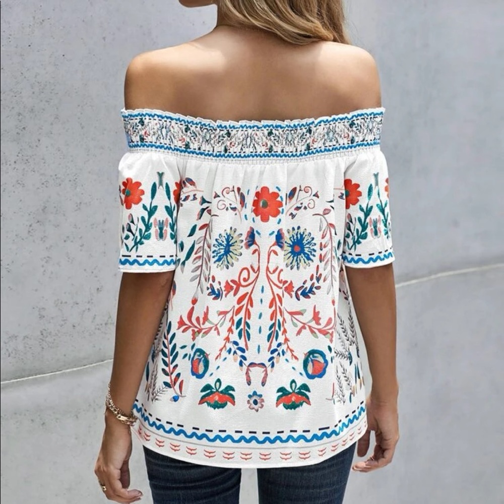 Boho floral print off shoulder blouse Red - Picture 9 of 10